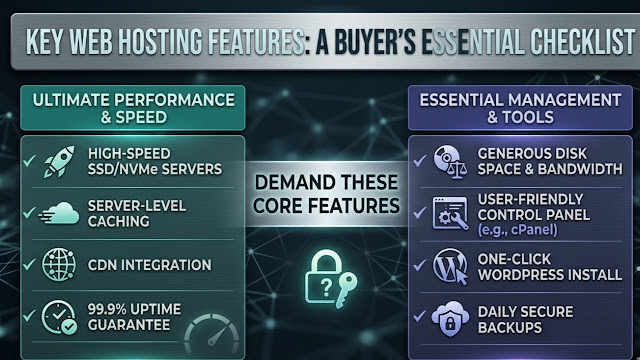 top features to look for when buying web hosting like ssd ram and bandwidth